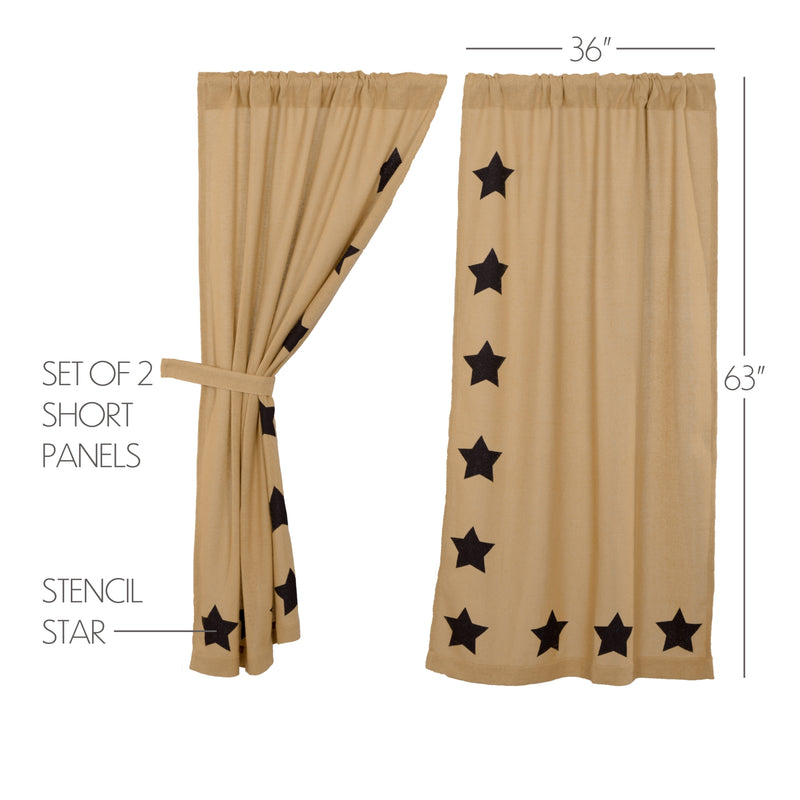 Burlap Natural Black Star Stenciled Short Panel Curtain 63