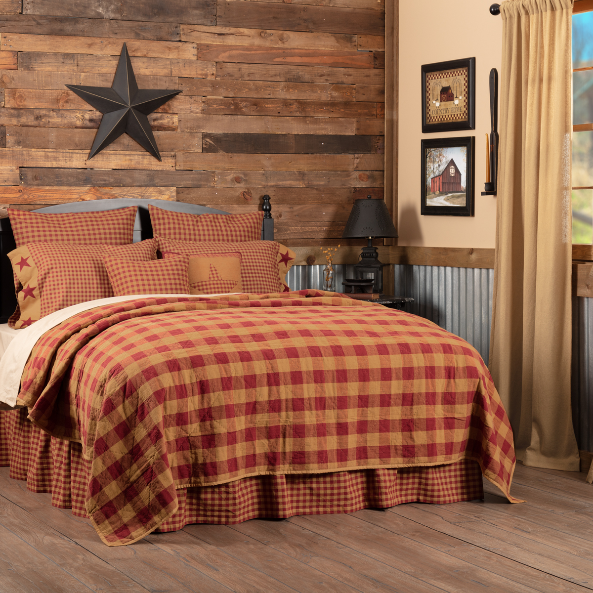 Burgundy Check Bedding, Quilt, Curtains Collection