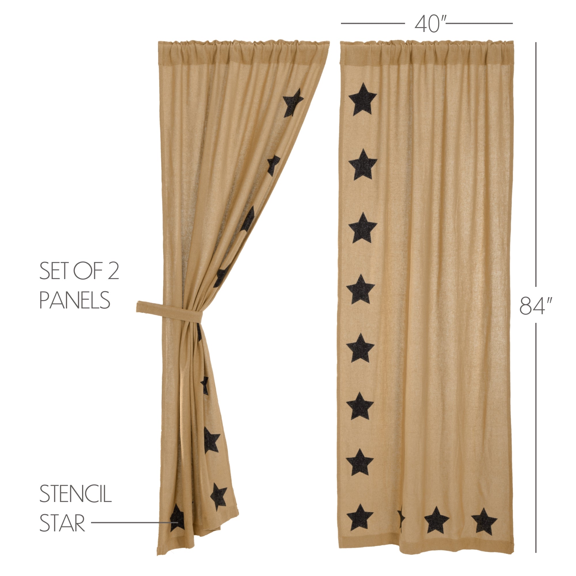 Burlap Natural Black Star Stenciled Panel Curtain 84"L