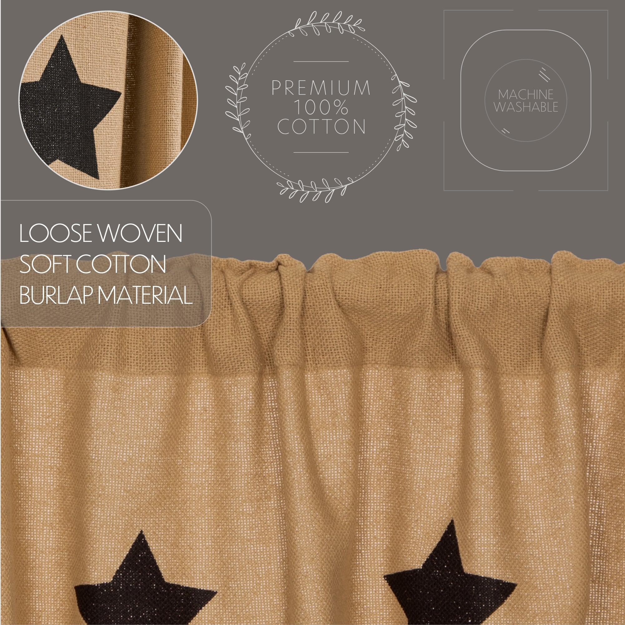 Burlap Natural Black Star Stenciled Panel Curtain 84"L