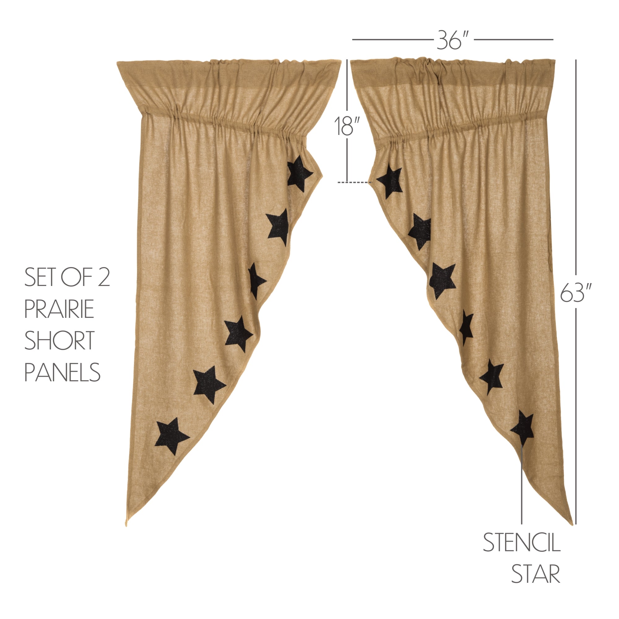 Burlap Natural Black Star Stenciled Short Prairie Curtain