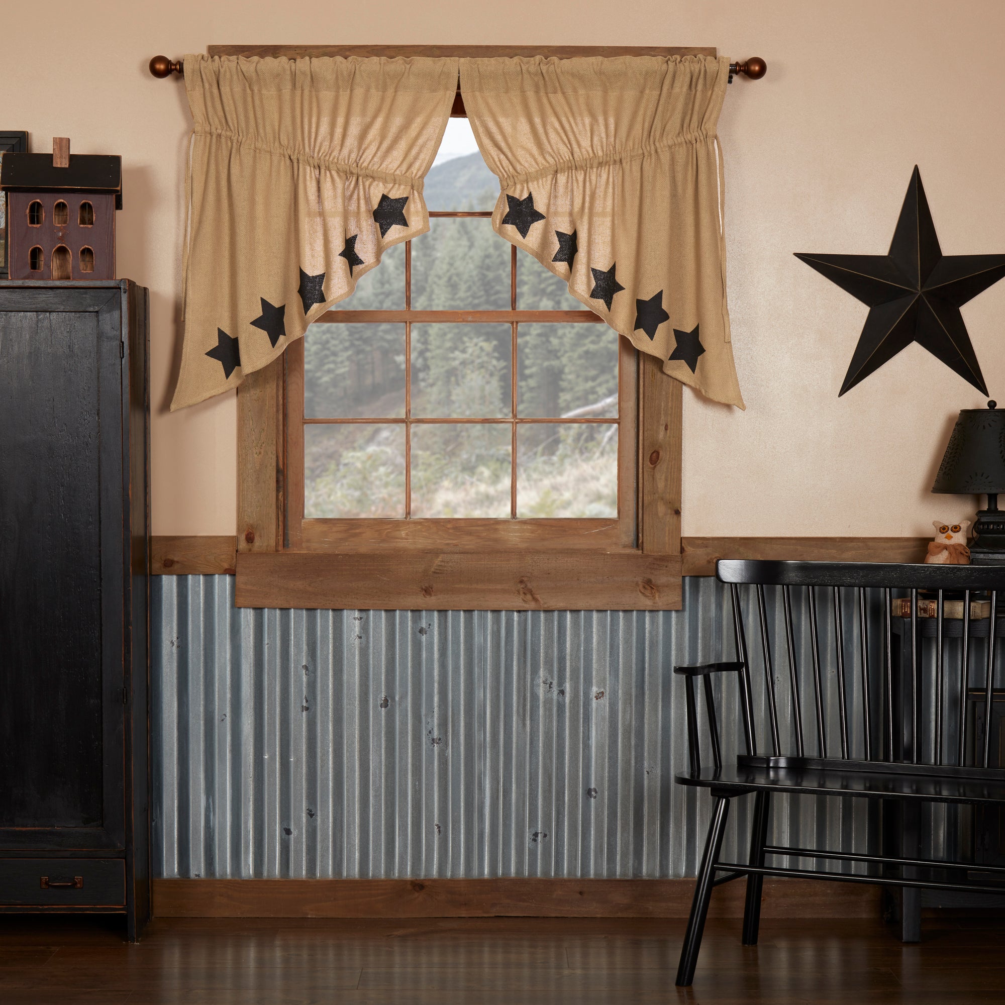 Burlap Natural Black Star Stenciled Prairie Swag Curtain by VHC Brands