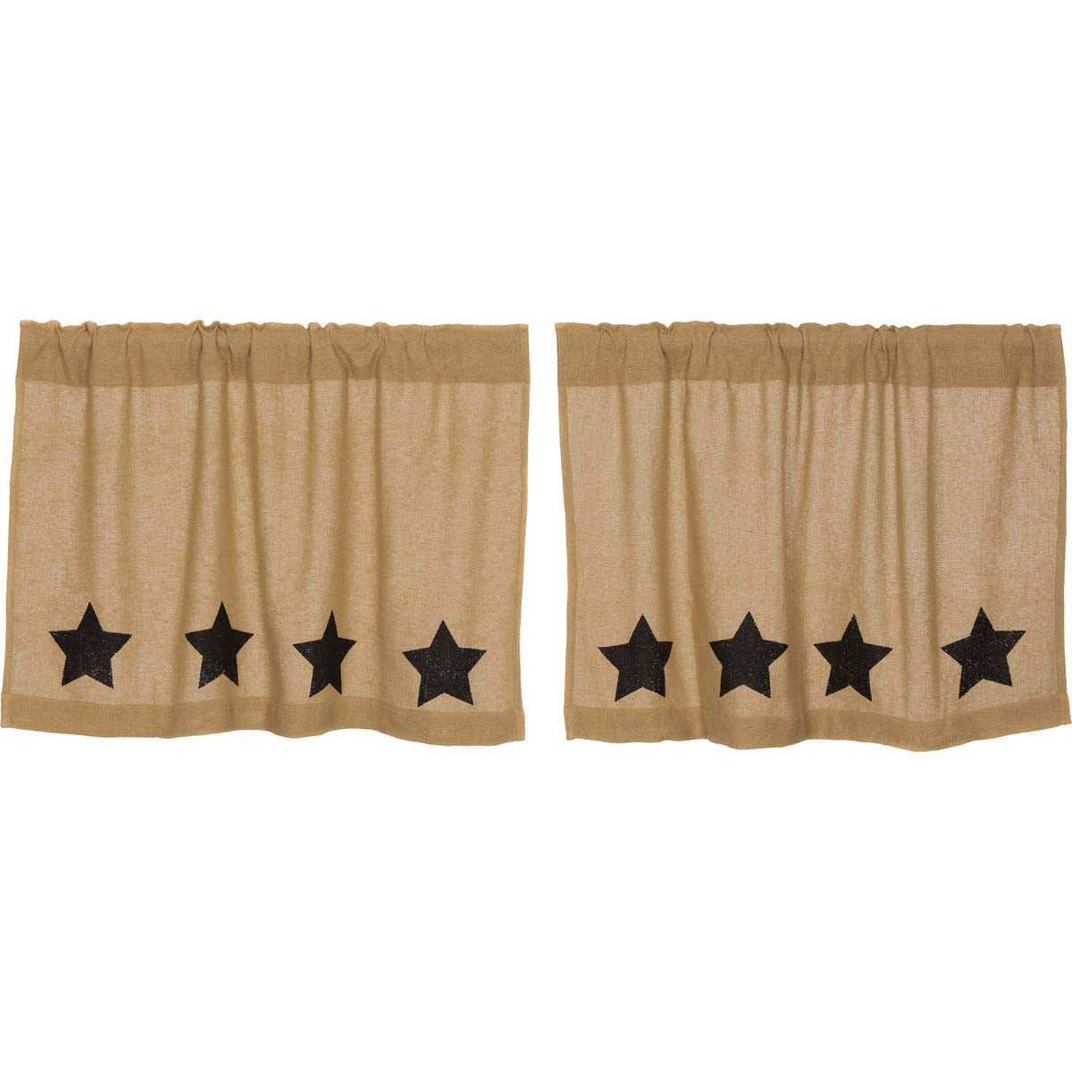 Burlap Natural Black Star Stenciled Tier Curtain