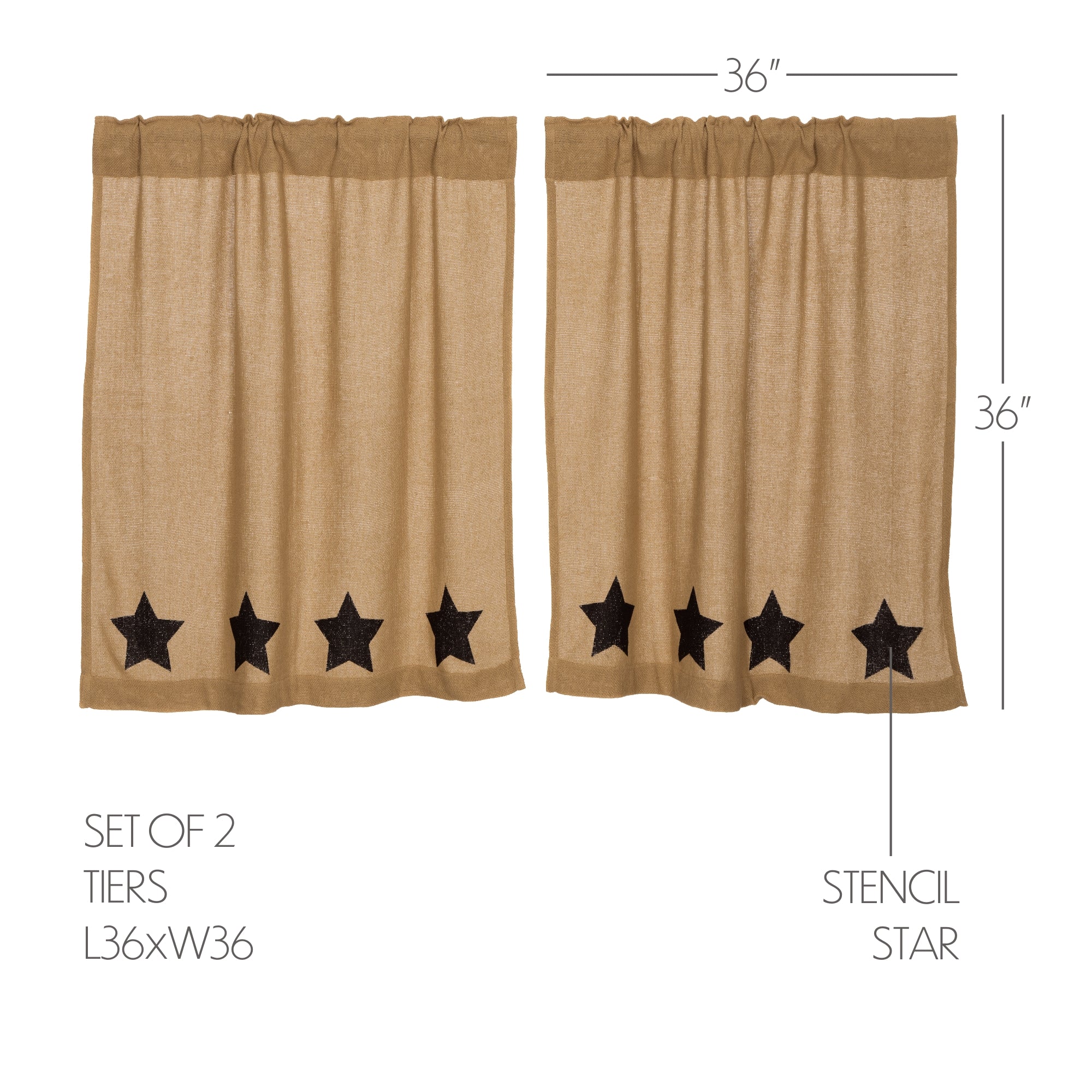 Burlap Natural Black Star Stenciled Tier Curtain