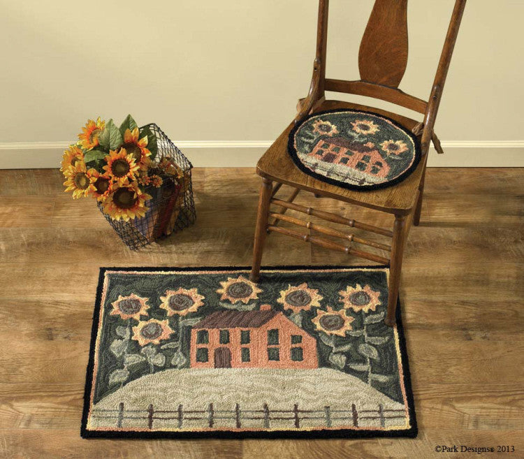 House & Sunflowers Hooked Rug 24x36