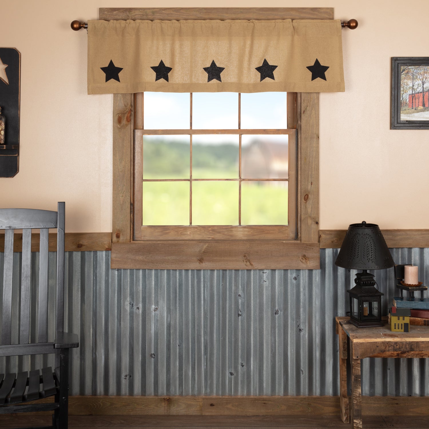 Burlap Natural Black Star Stenciled Valance by VHC Brands