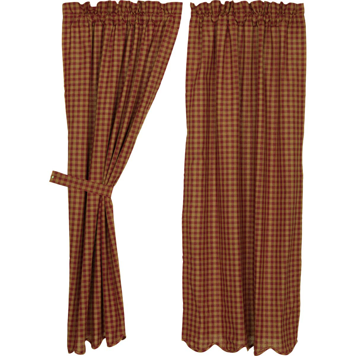 Burgundy Check Scalloped Short Panel Curtains 63"L